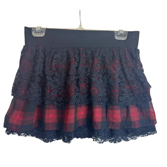 Plaid Red Black Lace Layered Miniskirt Grunge Goth Punk Elastic Waist Size XL - Picture 1 of 10